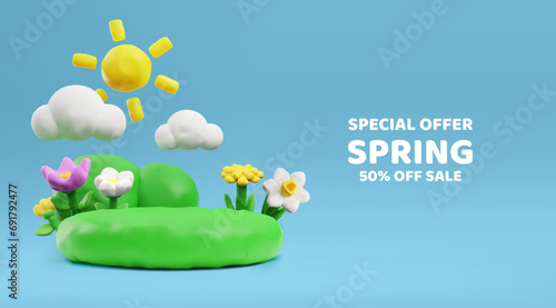 Cute spring banner, plasticine art, realistic 3D vector illustration