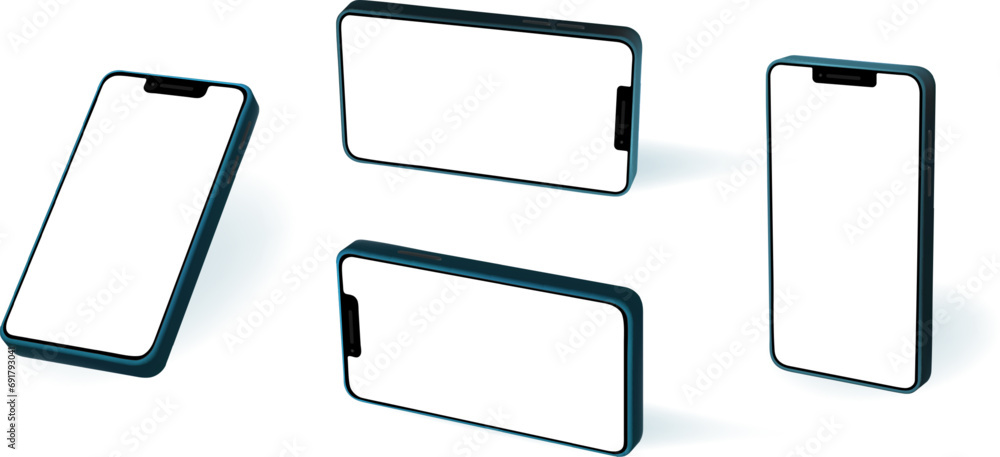 Cell phone cyborg isolated 3d mockups. Front and angled views of vertical and horizontal devices blank screens. Mobile cell telephone app template. Cell phone cyborg isolated 3d mockups. Front and angled views of vertical and horizontal devices blank screens. Mobile cell telephone app template.