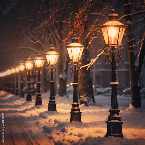 Vintage street lamps casting a warm glow on a snowy street