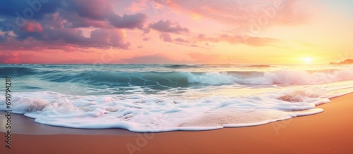 Sandy beach, panoramic seascape, tropical waves, colorful sunset, serene sunlight, summer coast. Beautiful banner for vacation.