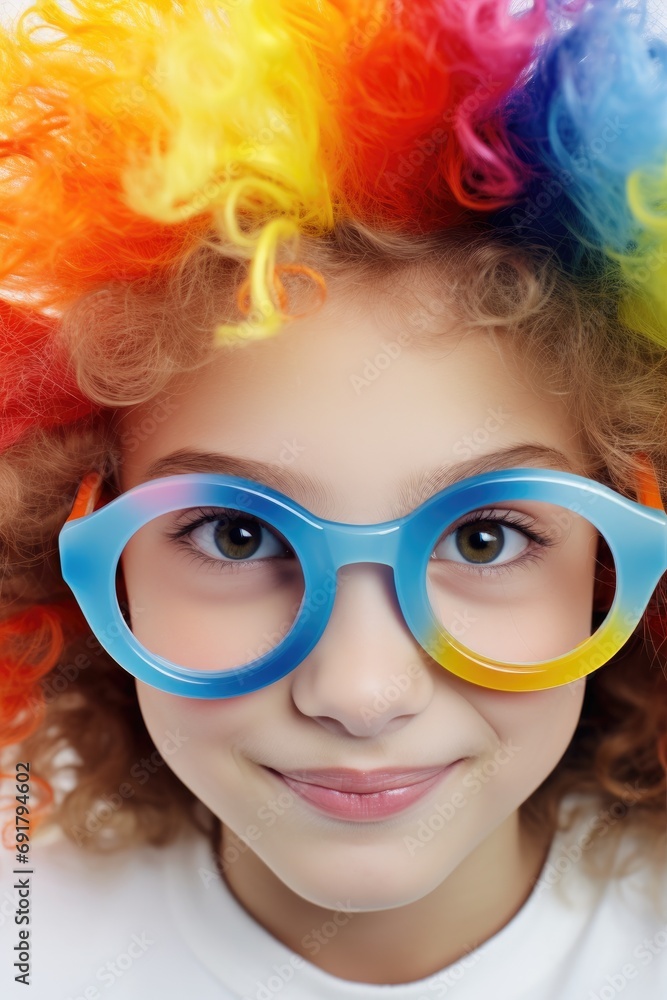 Fototapeta premium Funny looking child girl wearing colorful eyeglasses
