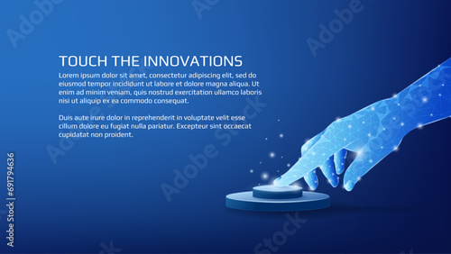 Polygonal shiny finger of hand pressing a button with copy space on dark blue background. Innovations banner or tech web page template. Vector.