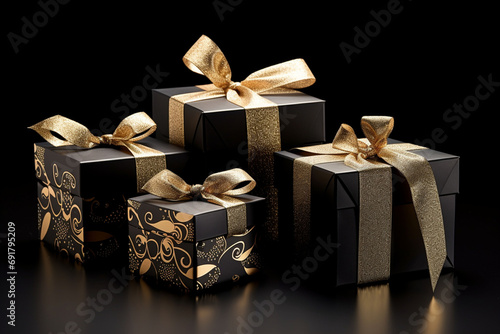 wrapped stylish gift boxes and golden ribbon on light background with glitter. Christmas gift box. New year.