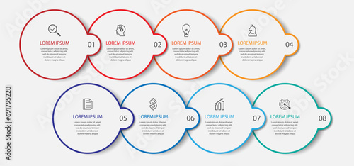 Simple infographic eight parts or options. thin line design with icons, text, number. used for process diagrams, workflow layouts, flowcharts, infographics, 
and your presentations