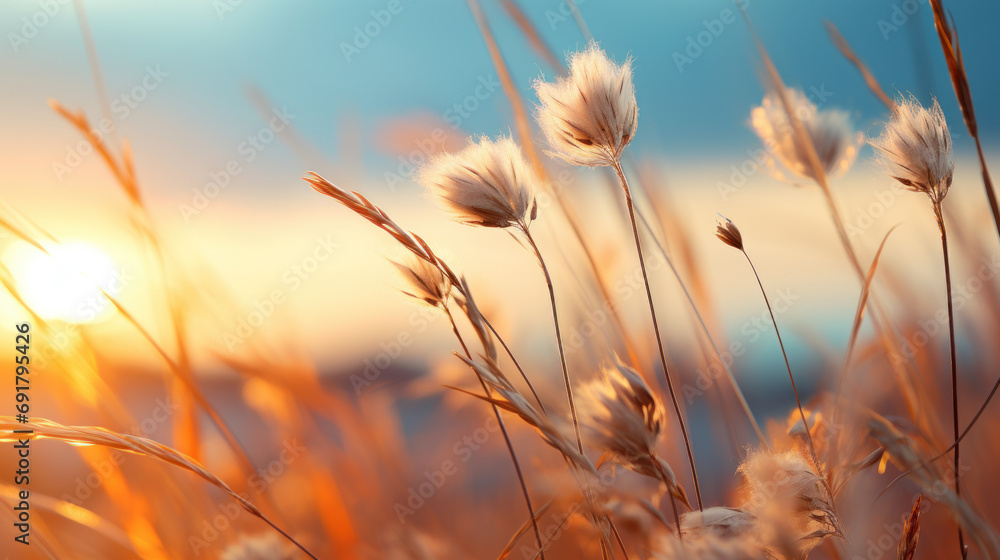 Grass flower on sunset sky background. Summer and nature concept. Generative ai.