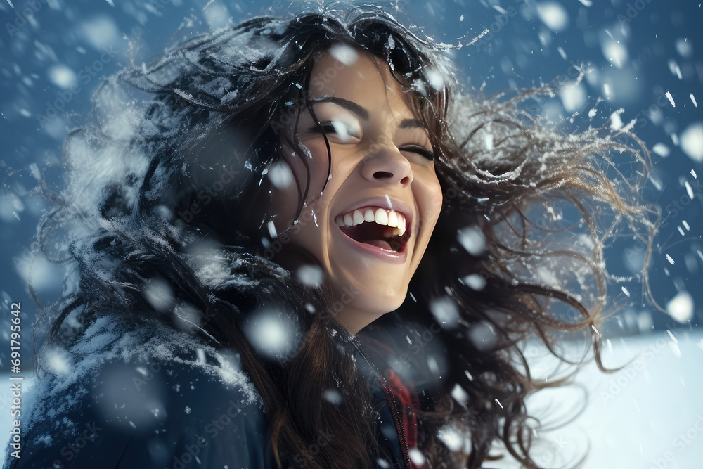 a beautiful woman laughing in the snow