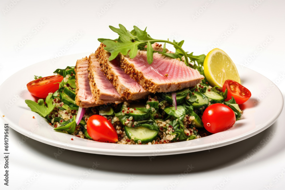 Tender pieces of tuna seared to a golden crust on top of fluffy quinoa layers
