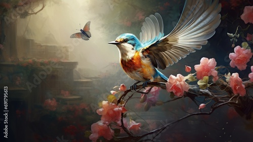 Flying bird on beautiful garden with butterfly for animal concept background. Created with Generative AI