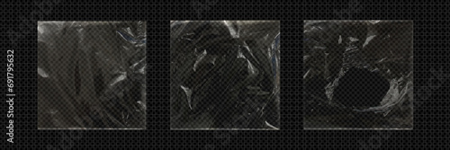 Plastic transparent film for packaging - whole with wrinkles and folds and torn square vinyl wrap with overlay effect. Realistic vector illustration set of cellophane or polythene seal wrapper mockup.