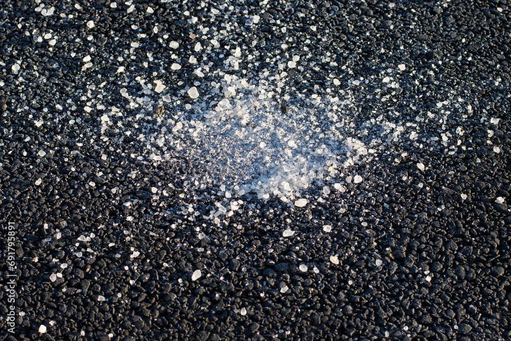 Close up of ice melt or deicer, a blend of sodium chloride and