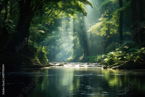 a forest river surrounded by lush plants 