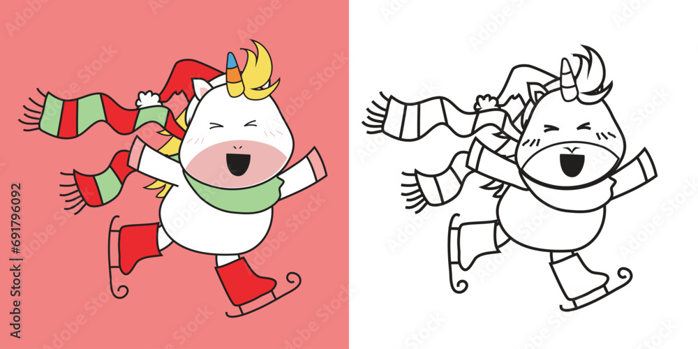 Cute and kawaii cartoon unicorn coloring page in Christmas edition. Coloring cute unicorn playing ice skating worksheet. Coloring activity with Xmas theme. Printable educational coloring worksheet. 