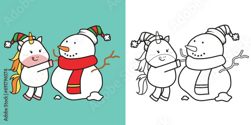 Cute and kawaii cartoon unicorn coloring page in Christmas edition. Coloring cute unicorn making a snowman worksheet. Coloring activity with Xmas theme. Printable educational coloring worksheet. 