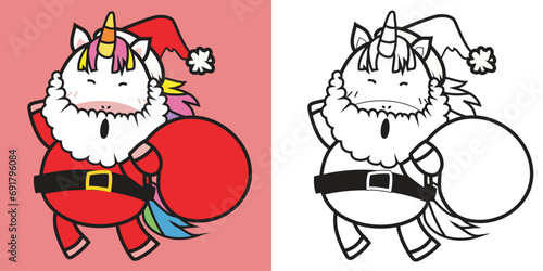 Cute and kawaii cartoon unicorn coloring page in Christmas edition. Coloring cute unicorn as a santa claus worksheet. Coloring activity with Xmas theme. Printable educational coloring worksheet. 