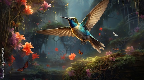 Beautiful bird flying near flowers at the beautiful garden. Generative AI photo