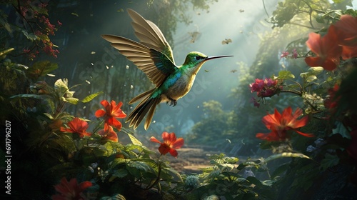 Beautiful bird flying near flowers at the beautiful garden. Generative AI © Alpa