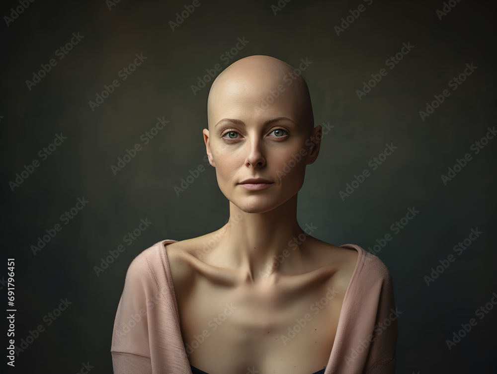 Portrait of caucasian bald woman, alopecia and cancer awareness, copy space Portrait of caucasian bald woman, alopecia and cancer awareness, copy space