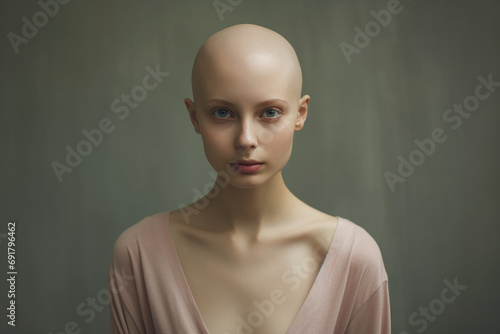 Portrait of caucasian bald girl, alopecia and cancer awareness