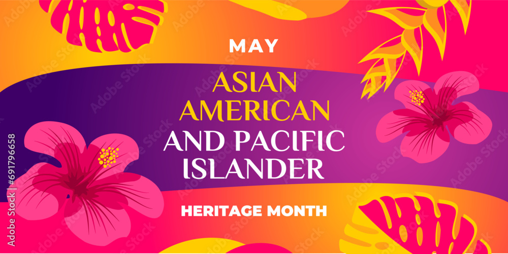 Asian american, native hawaiian and pacific islander heritage month. Vector vertical banner for social media. Illustration with text, hibiscus. Asian Pacific American Heritage Month on pink background - obrazy, fototapety, plakaty 