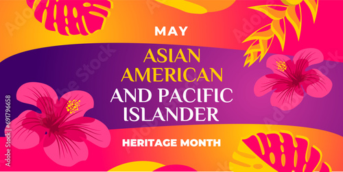 Asian american, native hawaiian and pacific islander heritage month. Vector vertical banner for social media. Illustration with text, hibiscus. Asian Pacific American Heritage Month on pink background photo
