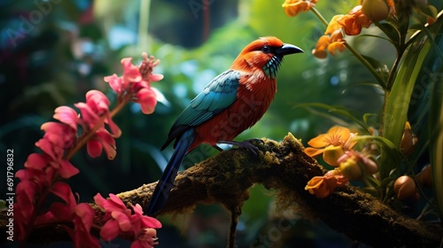 Beautiful and exotic bird perched on a tree branch in a tropical garden. Generative AI photo