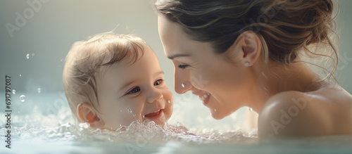 Mother and baby bonding, mommy and infant taking a bath, family relationship concept, wide-shot web banner © ND STOCK