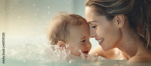 Mother and baby bonding, mommy and infant taking a bath, family relationship concept, wide-shot web banner © ND STOCK