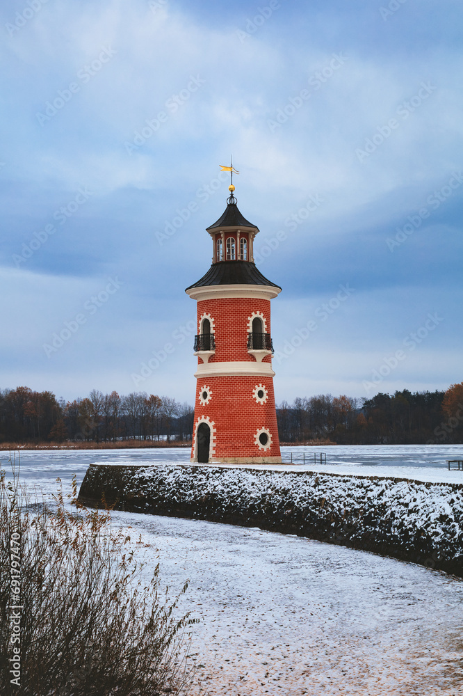 Mole und Leuchtturm Moritzburg bei Dresden - Lighthouse Moritzburg - Saxony, Germany, Europe - Winter - Snow - High quality photo	