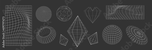 Y2k white grid abstract shape. Vector illustration set of wireframe geometric forms and symbols. Retro futuristic elements in 2000s and brutalism style. Simple wire psychedelic design figures.
