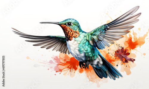 Picture draw watercolor sketch bird hummingbird on white background. Realistic bird animal clipart template pattern. © Lucky