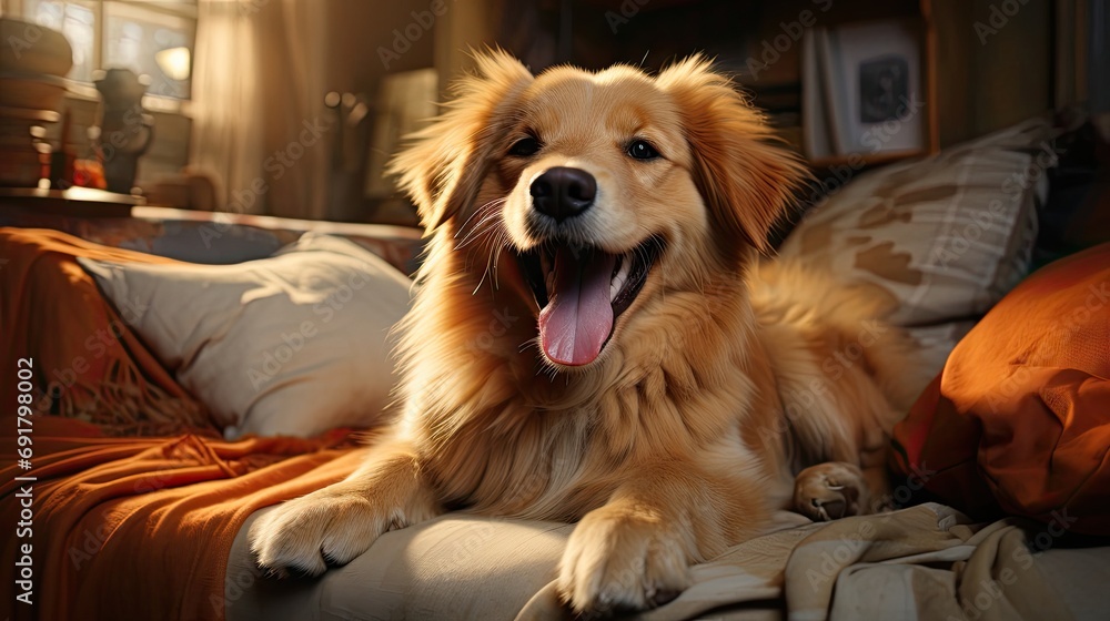 Golden retriever dog lies resting sleeps - obrazy, fototapety, plakaty 