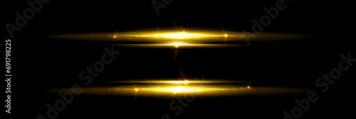 Horizontal golden light stripe with fade effect. Realistic vector illustration set of glow gold flare burst with beams. Magic shiny neon shimmer strip with sparkle on transparent background.