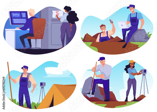 Geological laboratory and expedition excavation vector isolated illustrations set, geologist characters take measurement