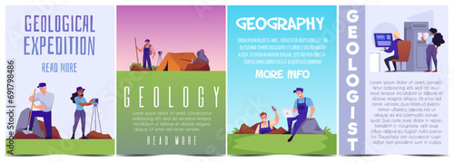 Geological laboratory and expedition excavations vector posters set, geologists women and men take measurements