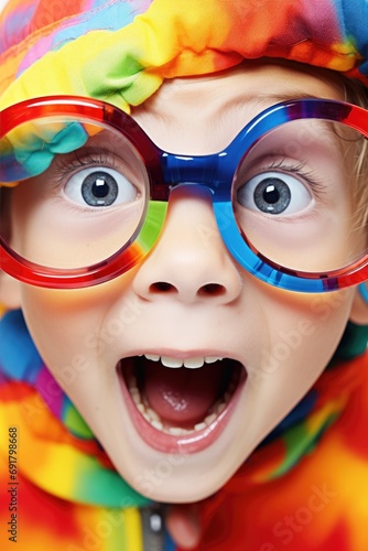 Funny looking child boy wearing colorful eyeglasses
