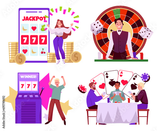 Gambling entertainment cartoon vector set, slot machine jackpot win, men play poker, croupier isolated illustration
