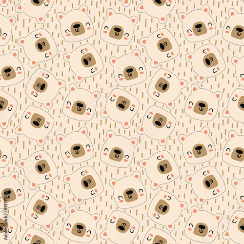 Seamless childish pattern with cute bear faces. Brush stroke texture. Great for fabric, textile, apparel. Vector illustration