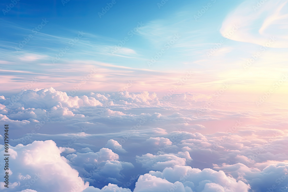Beautiful pastel sky form above view over fluffy clouds and sunset scene, Vanilla sky, abstract background.
