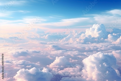 Beautiful pastel sky form above view over fluffy clouds and sunset scene, Vanilla sky, abstract background.