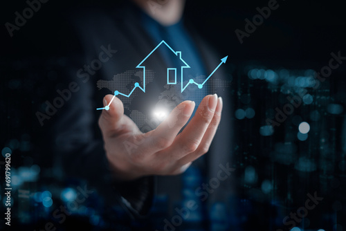 real estate investment concept energy efficiency rating and property value, Real estate online on virtual screens. new home for the family, home search, land price, property tax.