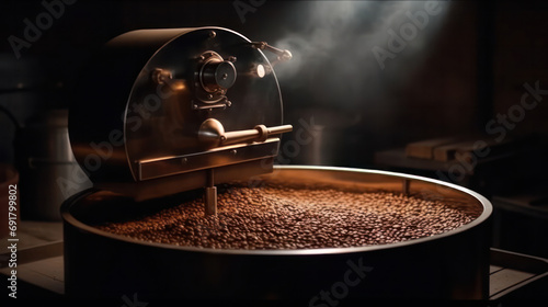 Coffee roaster, Aromatic coffee beans situating in modern equipment with grain chiller. photo
