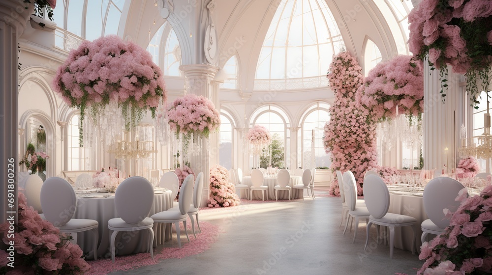 Luxury wedding event decoration with romantic light in the restaurant. Generative AI - obrazy, fototapety, plakaty 