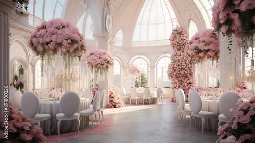 Luxury wedding event decoration with romantic light in the restaurant. Generative AI photo