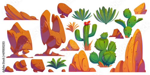 Elements for creating desert arizona or african landscape - green cactus and bushes with flower, brown mountain and rocks. Cartoon vector illustration set of wilderness scenery vegetation and stones.