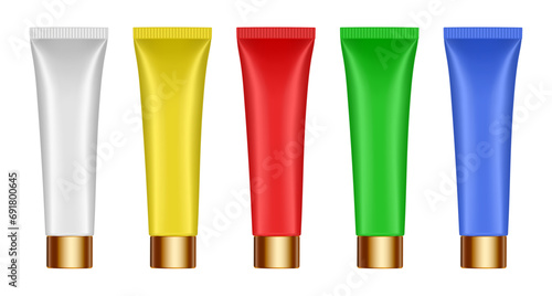 Set of white, yellow, green, red and blue tubes with gold caps. Cosmetic tube mockup. 3d illustration. Serum or cream. 
