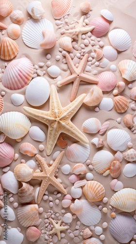 Seashells and starfish on the beach, summer background