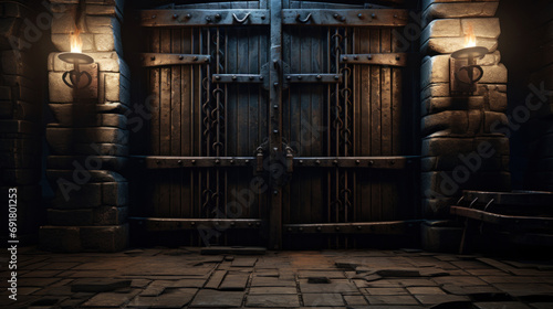 Wooden door in the dark. Conceptual image