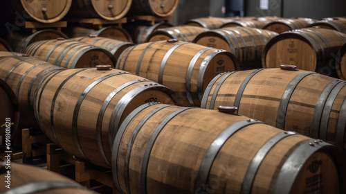 Oak barrels for beer fermentation in factorty breweries photo