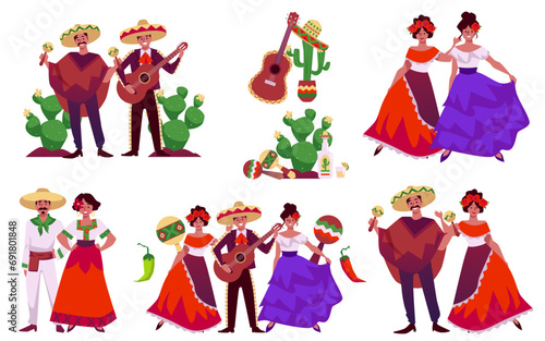 Set of Mexican men and women in traditional costumes flat style
