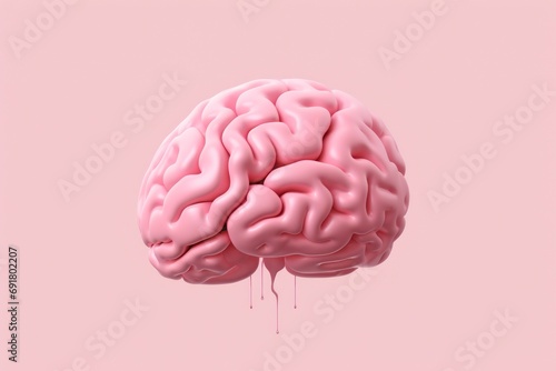  a pink brain floating in the air on a pink background with drops of paint dripping from the top of the brain.